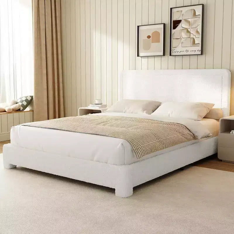 Boucle Bed Frame,White Upholstered Teddy Fabric Bed Frame with Headboard, Adjustable Headboard, Easy Assembly