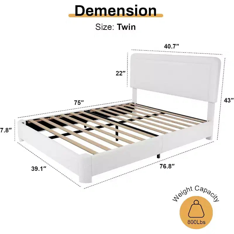 Boucle Bed Frame,White Upholstered Teddy Fabric Bed Frame with Headboard, Adjustable Headboard, Easy Assembly