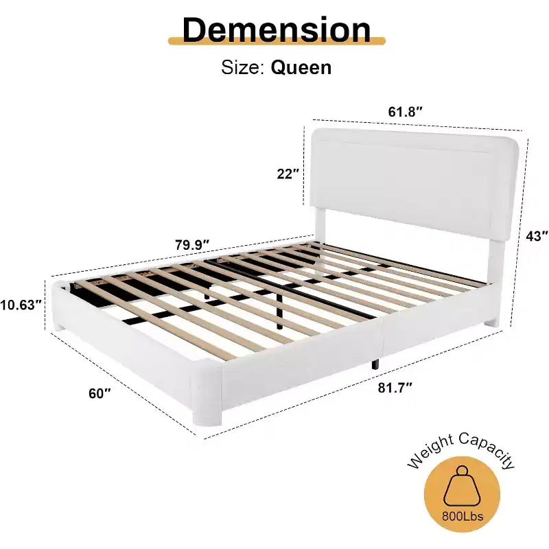 Boucle Bed Frame,White Upholstered Teddy Fabric Bed Frame with Headboard, Adjustable Headboard, Easy Assembly