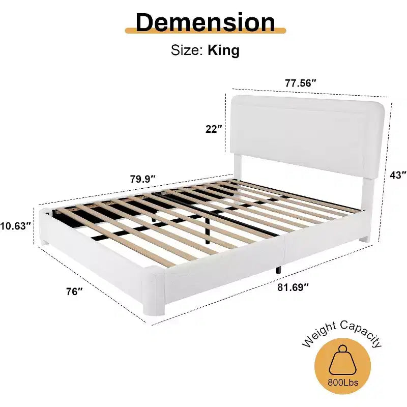 Boucle Bed Frame,White Upholstered Teddy Fabric Bed Frame with Headboard, Adjustable Headboard, Easy Assembly