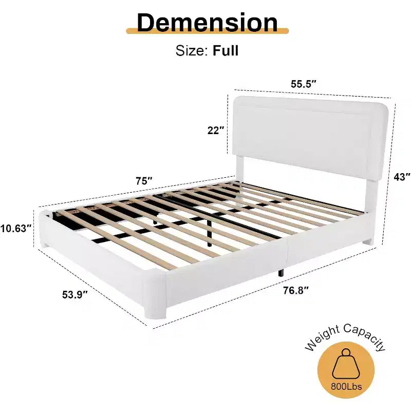 Boucle Bed Frame,White Upholstered Teddy Fabric Bed Frame with Headboard, Adjustable Headboard, Easy Assembly