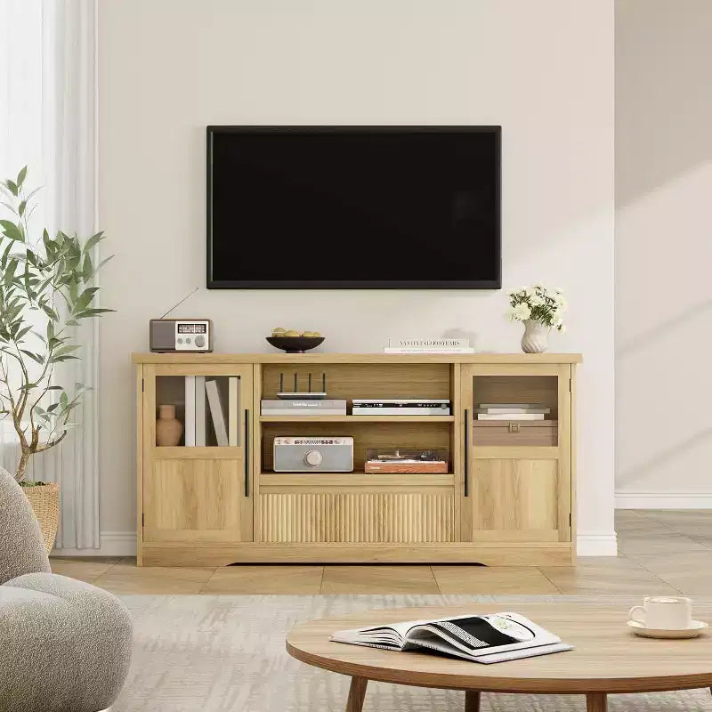 63 TV Stand for TVs up to 72 - Farmhouse Wave Design Entertainment Center with 2 Glass Door Cabinets & Open Shelves, Media Console for Living Room