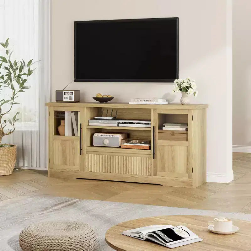 63 TV Stand for TVs up to 72 - Farmhouse Wave Design Entertainment Center with 2 Glass Door Cabinets & Open Shelves, Media Console for Living Room