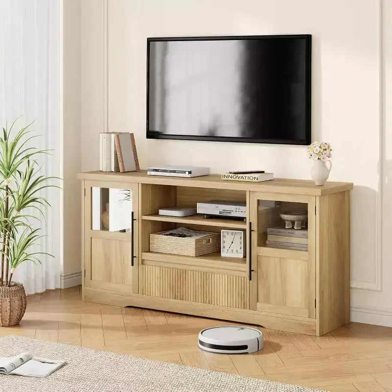 63 TV Stand for TVs up to 72 - Farmhouse Wave Design Entertainment Center with 2 Glass Door Cabinets & Open Shelves, Media Console for Living Room
