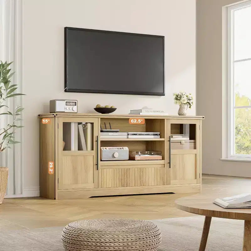 63 TV Stand for TVs up to 72 - Farmhouse Wave Design Entertainment Center with 2 Glass Door Cabinets & Open Shelves, Media Console for Living Room