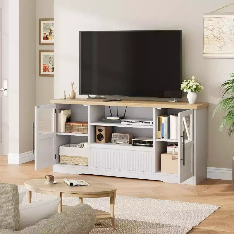 63 TV Stand for TVs up to 72 - Farmhouse Wave Design Entertainment Center with 2 Glass Door Cabinets & Open Shelves, Media Console for Living Room