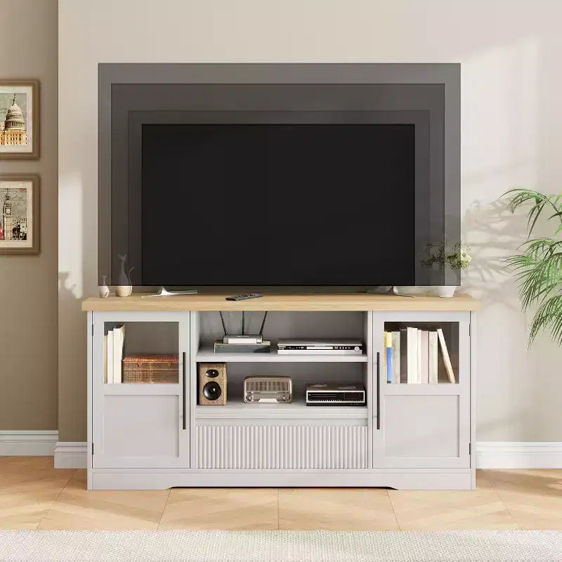 63 TV Stand for TVs up to 72 - Farmhouse Wave Design Entertainment Center with 2 Glass Door Cabinets & Open Shelves, Media Console for Living Room