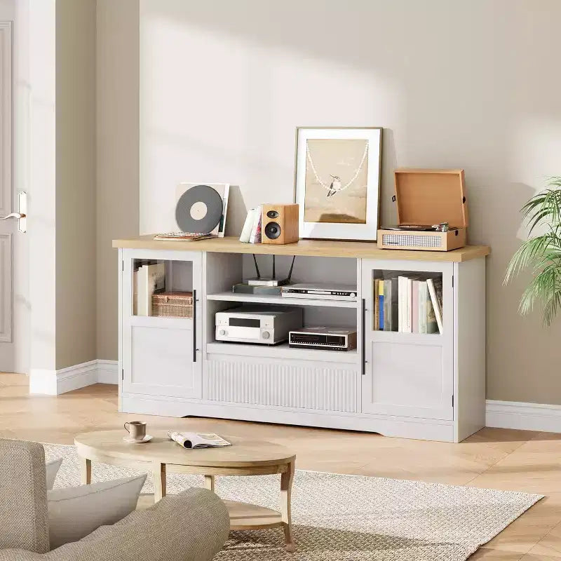 63 TV Stand for TVs up to 72 - Farmhouse Wave Design Entertainment Center with 2 Glass Door Cabinets & Open Shelves, Media Console for Living Room