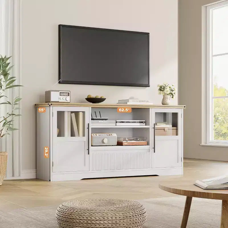 63 TV Stand for TVs up to 72 - Farmhouse Wave Design Entertainment Center with 2 Glass Door Cabinets & Open Shelves, Media Console for Living Room