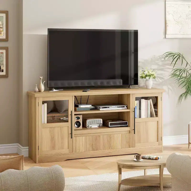 63 TV Stand for TVs up to 72 - Farmhouse Wave Design Entertainment Center with 2 Glass Door Cabinets & Open Shelves, Media Console for Living Room