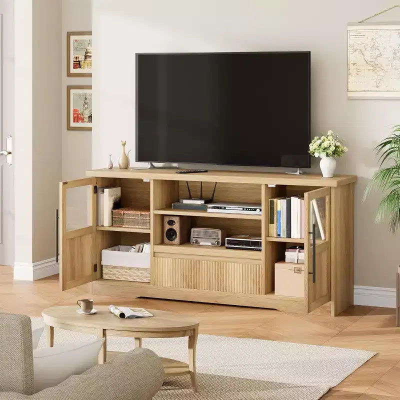 63 TV Stand for TVs up to 72 - Farmhouse Wave Design Entertainment Center with 2 Glass Door Cabinets & Open Shelves, Media Console for Living Room