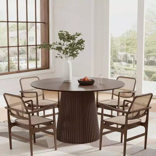PexFix 46 Round Dining Table for 6 People Modern Pedestal Table with Fluted Cone Base & Wood MDF Top for Small Space Kitchen Dining Room Cafe Walnut