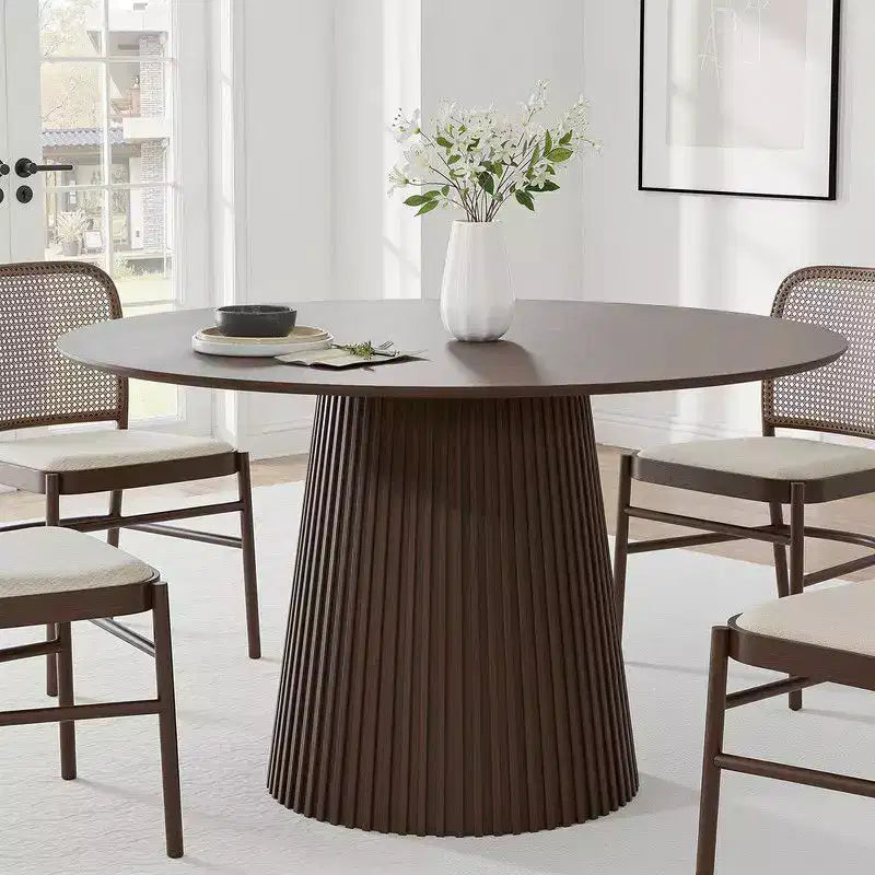 46 Round Dining Table for 6 People Modern Pedestal Table with Fluted Cone Base & Wood MDF Top for Small Space Kitchen Dining Room Cafe Walnut