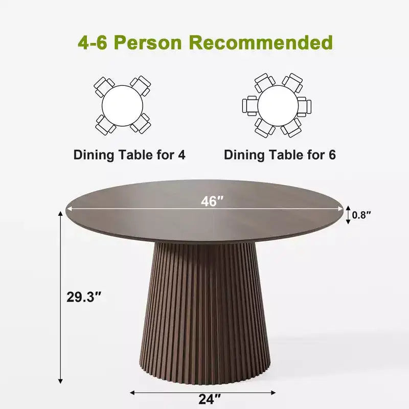 46 Round Dining Table for 6 People Modern Pedestal Table with Fluted Cone Base & Wood MDF Top for Small Space Kitchen Dining Room Cafe Walnut