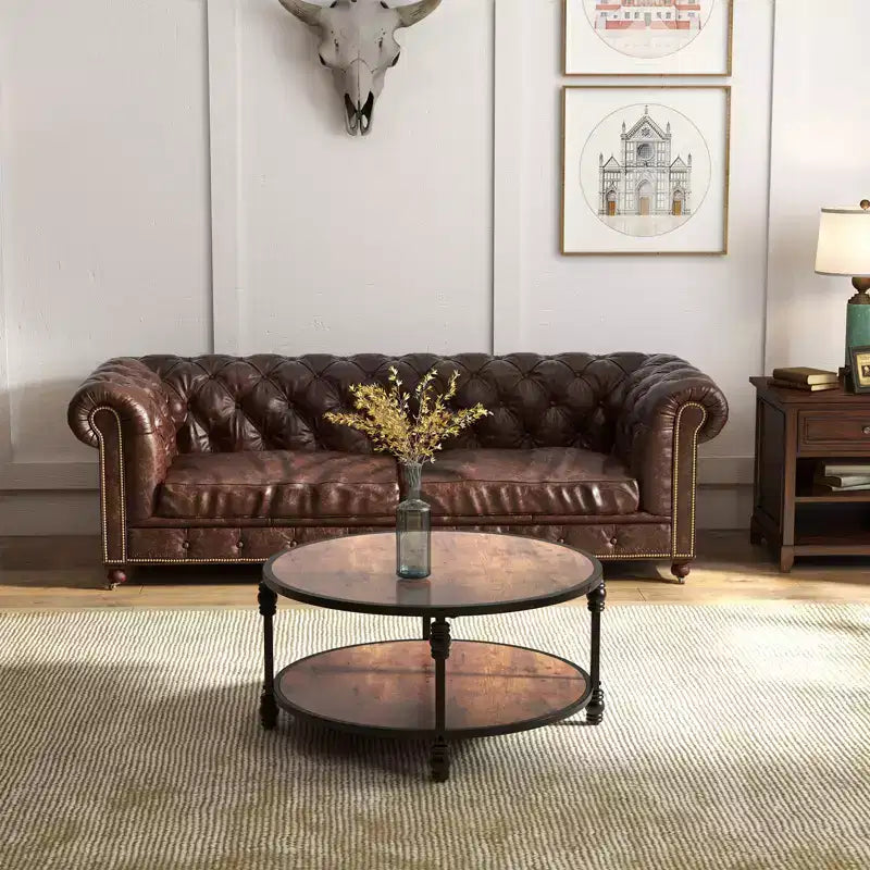 Round Coffee Table for Living Room, 2-Tier Wood Circle Coffee Table with Sturdy Roman Column Metal Legs,Rustic Center Table with Storage Shelf