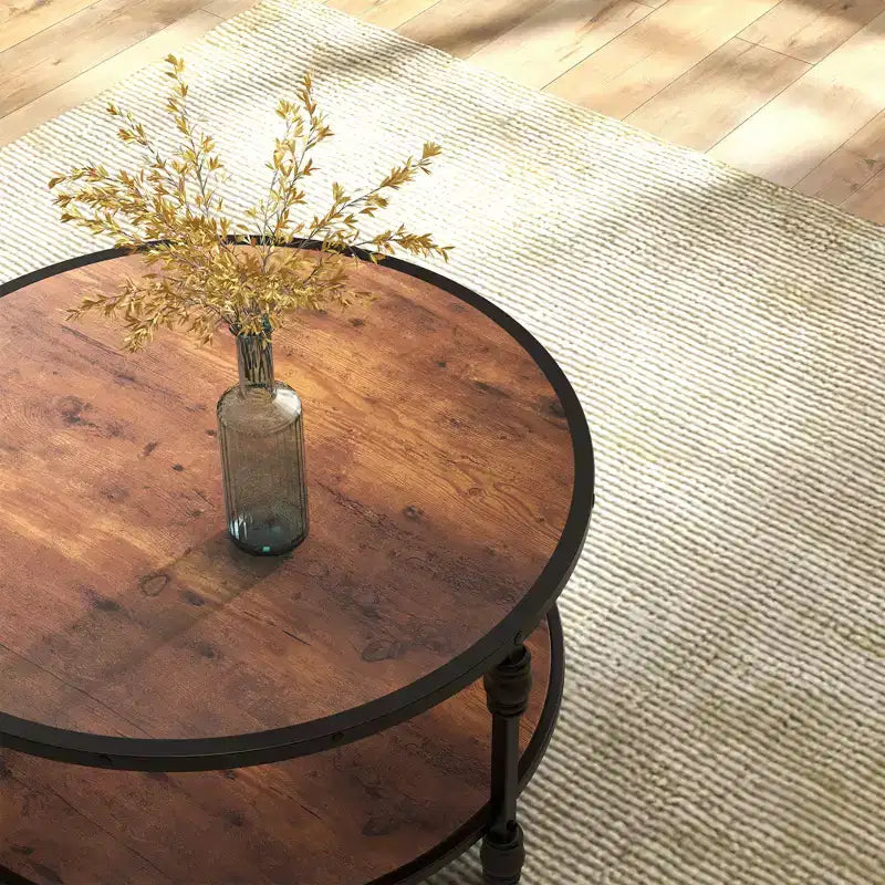 Round Coffee Table for Living Room, 2-Tier Wood Circle Coffee Table with Sturdy Roman Column Metal Legs,Rustic Center Table with Storage Shelf