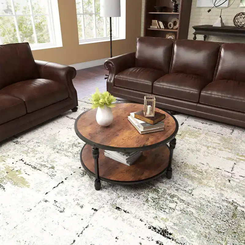 Round Coffee Table for Living Room, 2-Tier Wood Circle Coffee Table with Sturdy Roman Column Metal Legs,Rustic Center Table with Storage Shelf