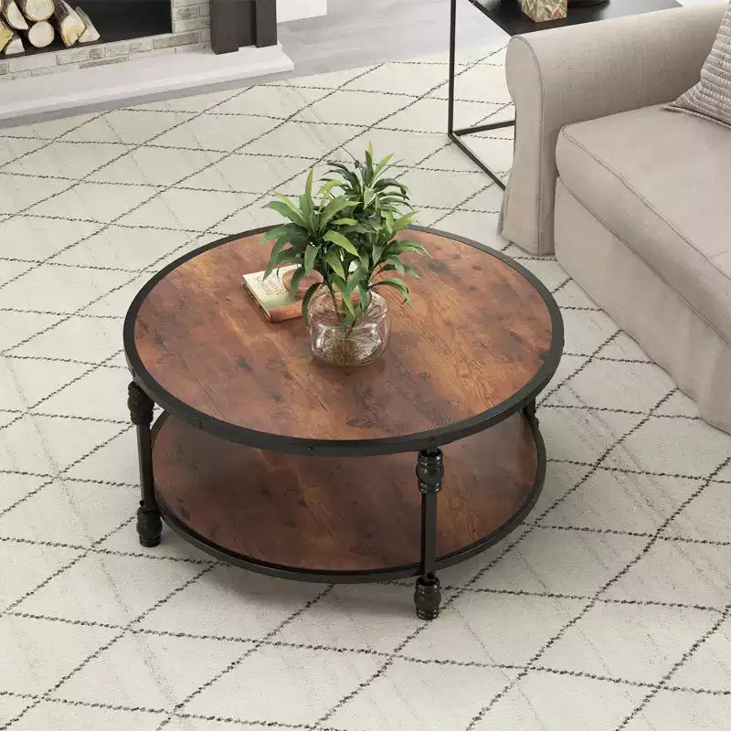 Round Coffee Table for Living Room, 2-Tier Wood Circle Coffee Table with Sturdy Roman Column Metal Legs,Rustic Center Table with Storage Shelf