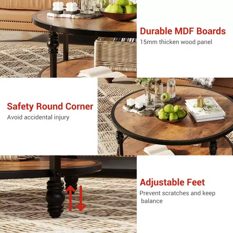 Round Coffee Table for Living Room, 2-Tier Wood Circle Coffee Table with Sturdy Roman Column Metal Legs,Rustic Center Table with Storage Shelf