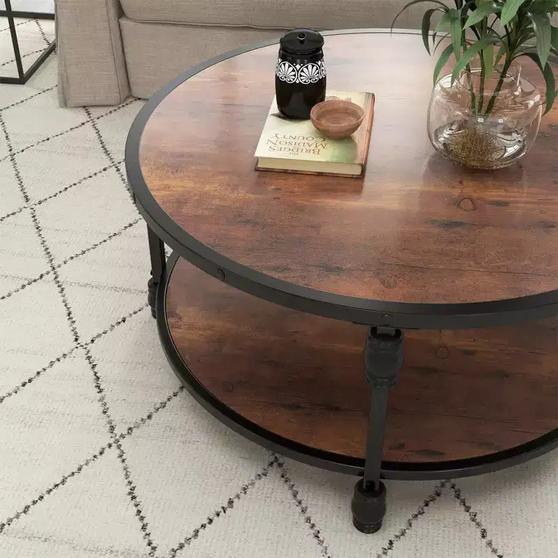 Round Coffee Table for Living Room, 2-Tier Wood Circle Coffee Table with Sturdy Roman Column Metal Legs,Rustic Center Table with Storage Shelf