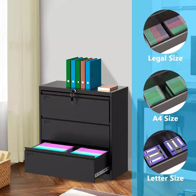 3-Drawer Lateral File Cabinet with Lock & Keys , Metal Storage Heavy-Duty Steel Home Office Organizer for Letter/Legal/A4 Documents