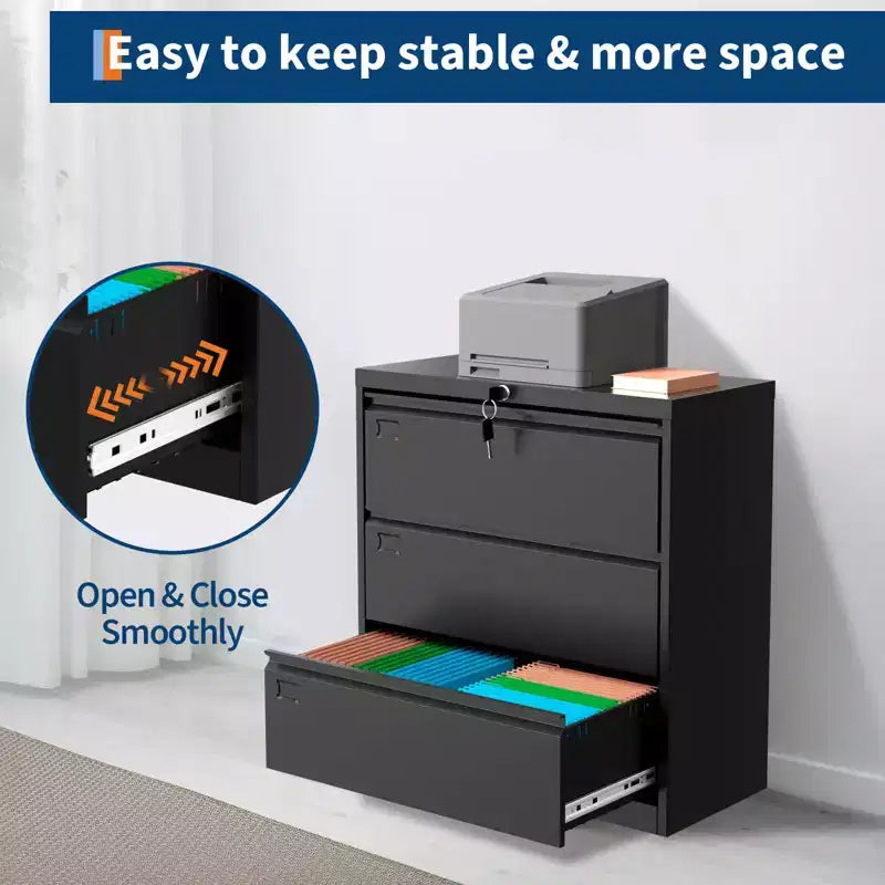 3-Drawer Lateral File Cabinet with Lock & Keys , Metal Storage Heavy-Duty Steel Home Office Organizer for Letter/Legal/A4 Documents