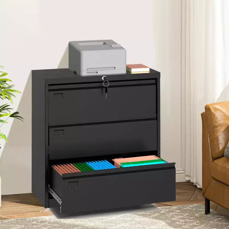 3-Drawer Lateral File Cabinet with Lock & Keys , Metal Storage Heavy-Duty Steel Home Office Organizer for Letter/Legal/A4 Documents