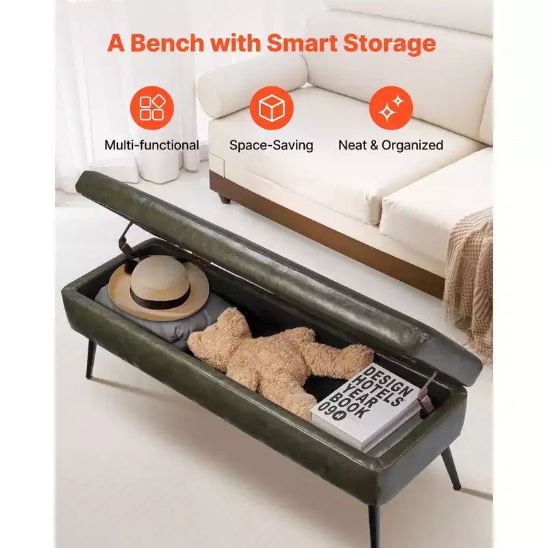 Leather Storage Ottoman Bench, PU Leather Bench with Storage and Metal Legs, Upholstered End of Bed Benches, Green