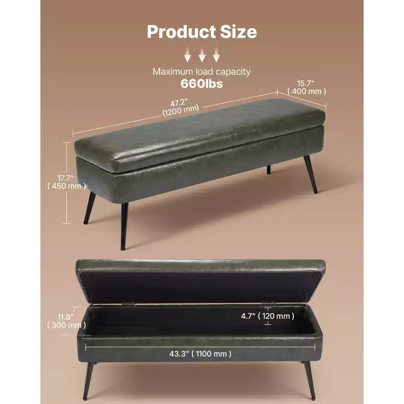 Leather Storage Ottoman Bench, PU Leather Bench with Storage and Metal Legs, Upholstered End of Bed Benches, Green