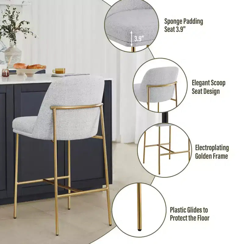Modern 27 inch Counter Height Bar Stool with Gold Frame Set of 2