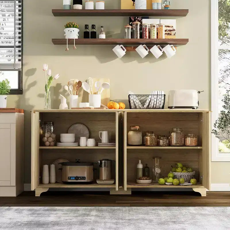 Fluted Sideboard Buffet Cabinet with Storage,4 Decorated Doors,Wood Coffee Bar Cabinet with Solid Wood Feet for Kitchen, Dining Room, Hallway