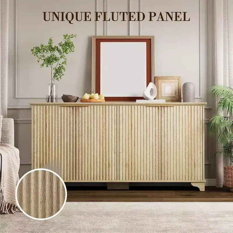 Fluted Sideboard Buffet Cabinet with Storage,4 Decorated Doors,Wood Coffee Bar Cabinet with Solid Wood Feet for Kitchen, Dining Room, Hallway
