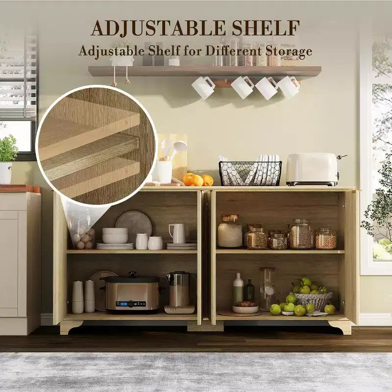 Fluted Sideboard Buffet Cabinet with Storage,4 Decorated Doors,Wood Coffee Bar Cabinet with Solid Wood Feet for Kitchen, Dining Room, Hallway