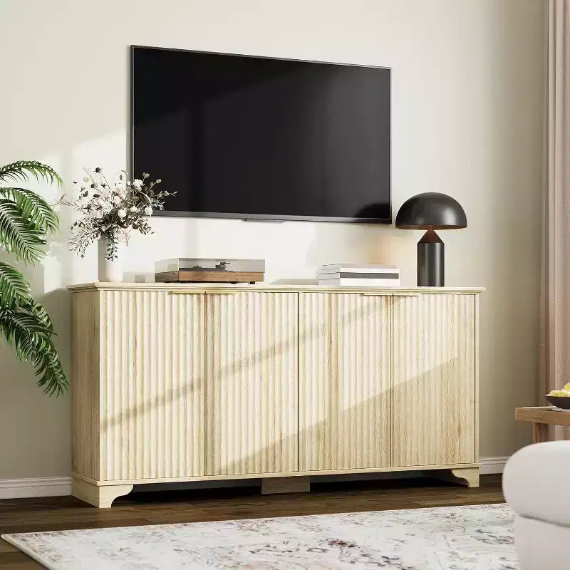 Fluted Sideboard Buffet Cabinet with Storage,4 Decorated Doors,Wood Coffee Bar Cabinet with Solid Wood Feet for Kitchen, Dining Room, Hallway