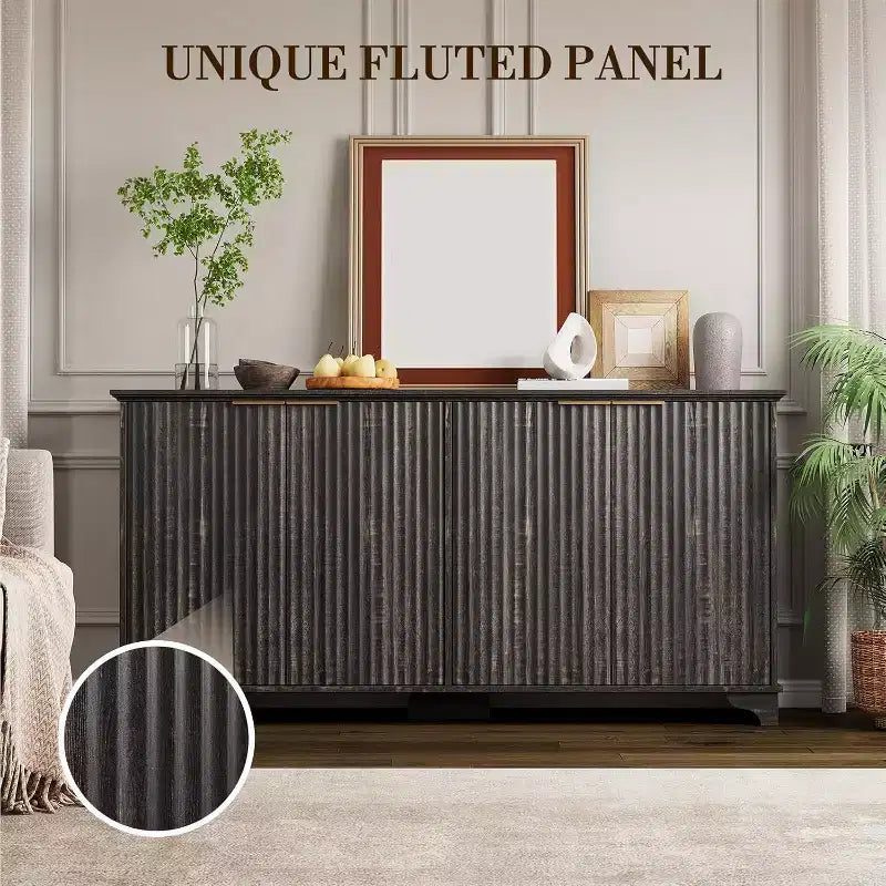 Fluted Sideboard Buffet Cabinet with Storage,4 Decorated Doors,Wood Coffee Bar Cabinet with Solid Wood Feet for Kitchen, Dining Room, Hallway
