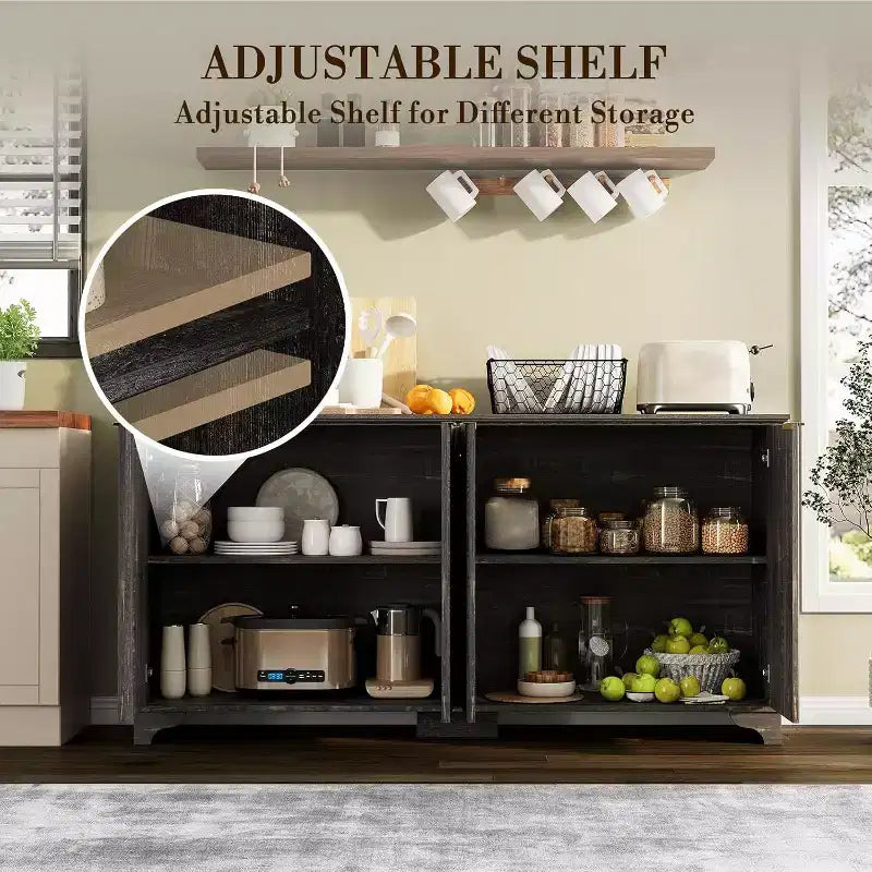 Fluted Sideboard Buffet Cabinet with Storage,4 Decorated Doors,Wood Coffee Bar Cabinet with Solid Wood Feet for Kitchen, Dining Room, Hallway