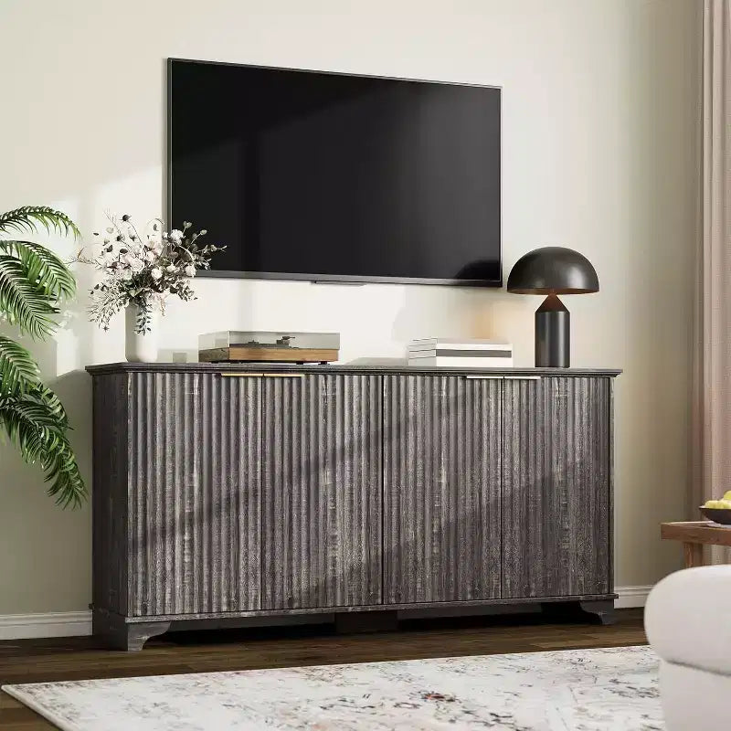 Fluted Sideboard Buffet Cabinet with Storage,4 Decorated Doors,Wood Coffee Bar Cabinet with Solid Wood Feet for Kitchen, Dining Room, Hallway
