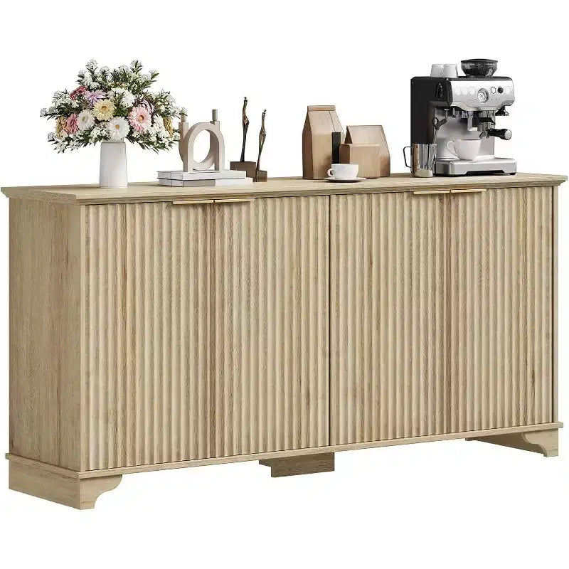 Fluted Sideboard Buffet Cabinet with Storage,4 Decorated Doors,Wood Coffee Bar Cabinet with Solid Wood Feet for Kitchen, Dining Room, Hallway