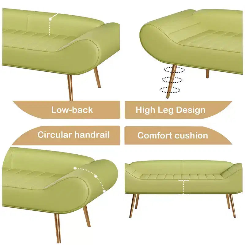 57 Inch Sofa Stool Bench with Armrest Backrest Metal Leg 400lbs Load Capacity PVC Fabric Curved Sofa for Bedroom End of Bed Green