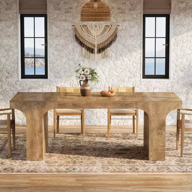 71-Inch Large Dining Table for 6-8, Farmhouse Wooden Kitchen Table with Arched Design and Double Pedestal for Dinner, Banquet