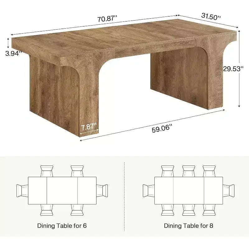 71-Inch Large Dining Table for 6-8, Farmhouse Wooden Kitchen Table with Arched Design and Double Pedestal for Dinner, Banquet