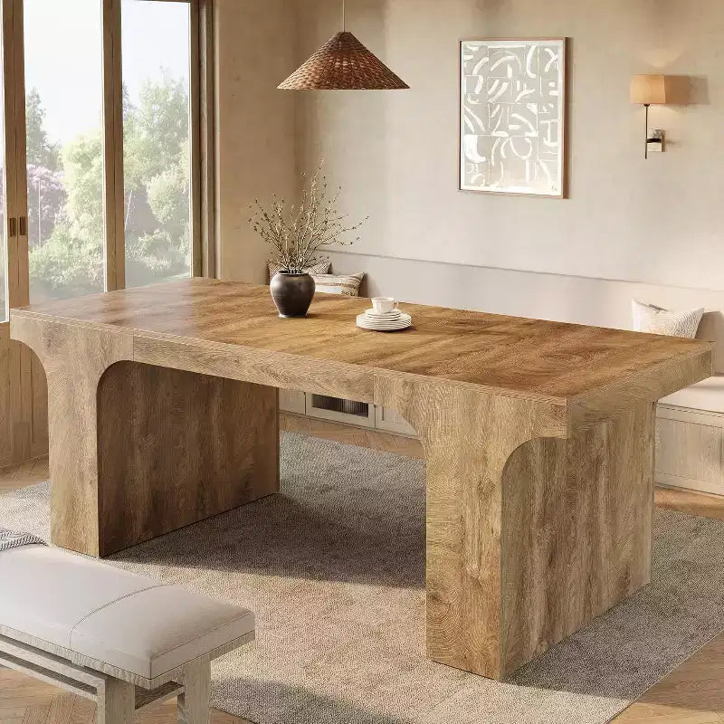 71-Inch Large Dining Table for 6-8, Farmhouse Wooden Kitchen Table with Arched Design and Double Pedestal for Dinner, Banquet