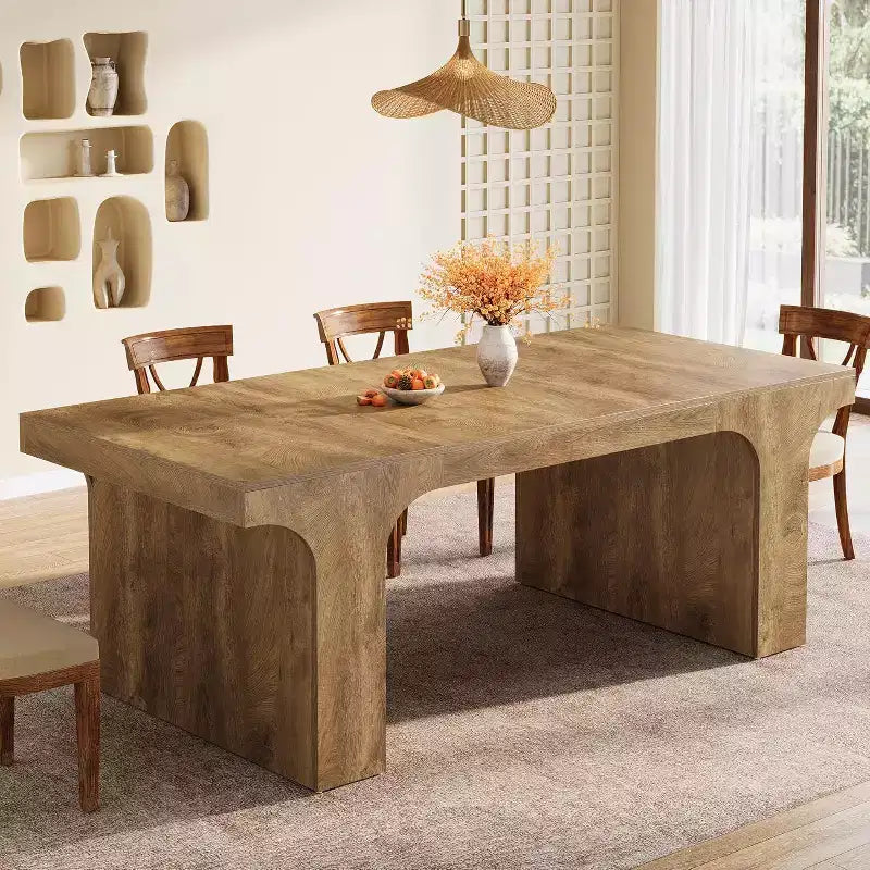 71-Inch Large Dining Table for 6-8, Farmhouse Wooden Kitchen Table with Arched Design and Double Pedestal for Dinner, Banquet