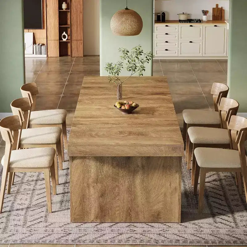 71-Inch Large Dining Table for 6-8, Farmhouse Wooden Kitchen Table with Arched Design and Double Pedestal for Dinner, Banquet