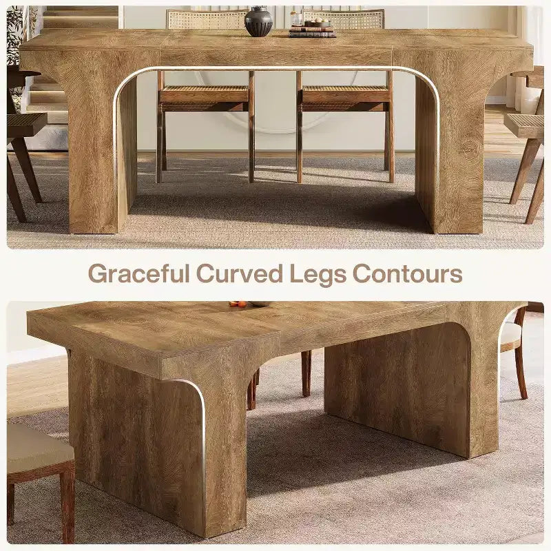 71-Inch Large Dining Table for 6-8, Farmhouse Wooden Kitchen Table with Arched Design and Double Pedestal for Dinner, Banquet