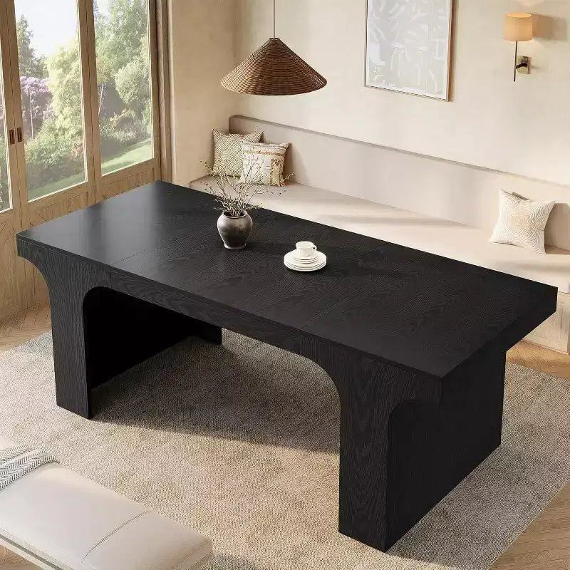 71-Inch Large Dining Table for 6-8, Farmhouse Wooden Kitchen Table with Arched Design and Double Pedestal for Dinner, Banquet
