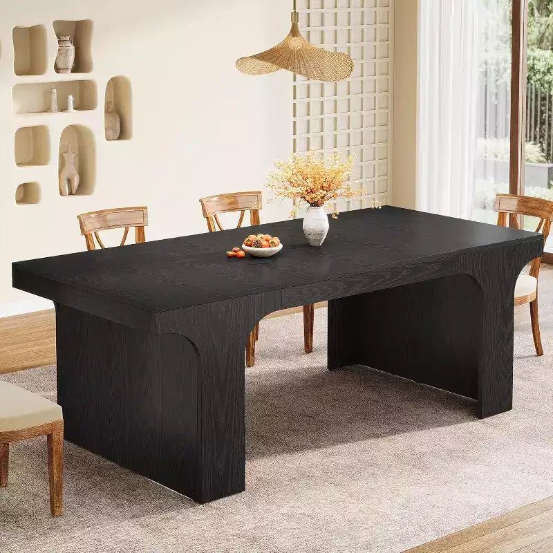 71-Inch Large Dining Table for 6-8, Farmhouse Wooden Kitchen Table with Arched Design and Double Pedestal for Dinner, Banquet