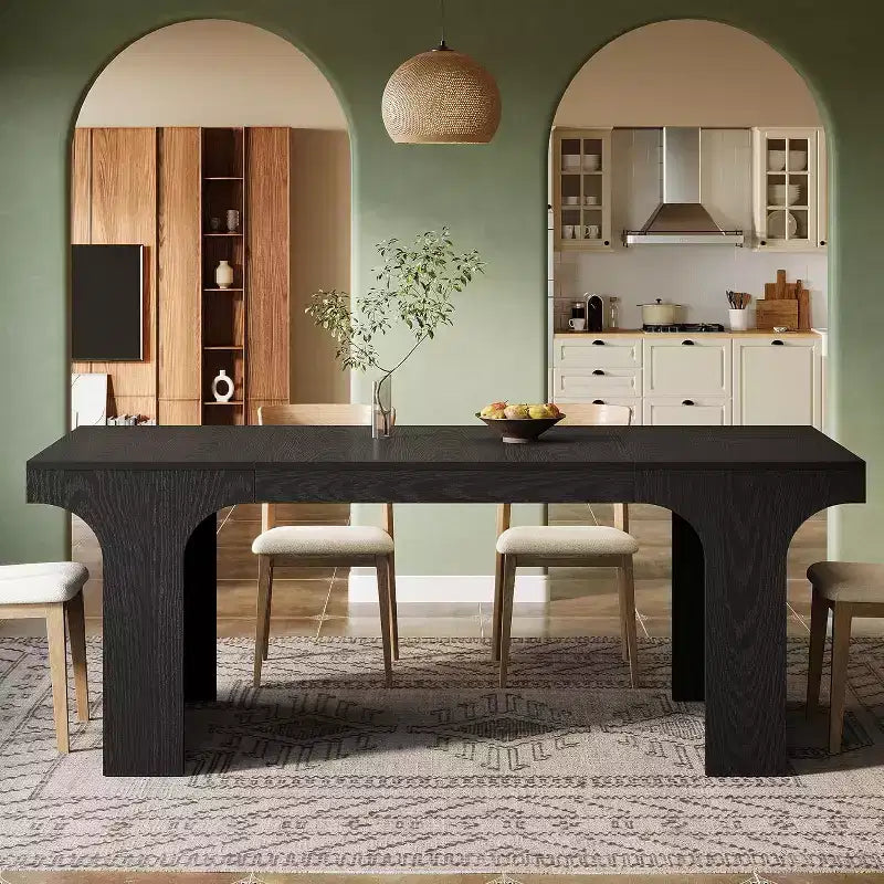 71-Inch Large Dining Table for 6-8, Farmhouse Wooden Kitchen Table with Arched Design and Double Pedestal for Dinner, Banquet