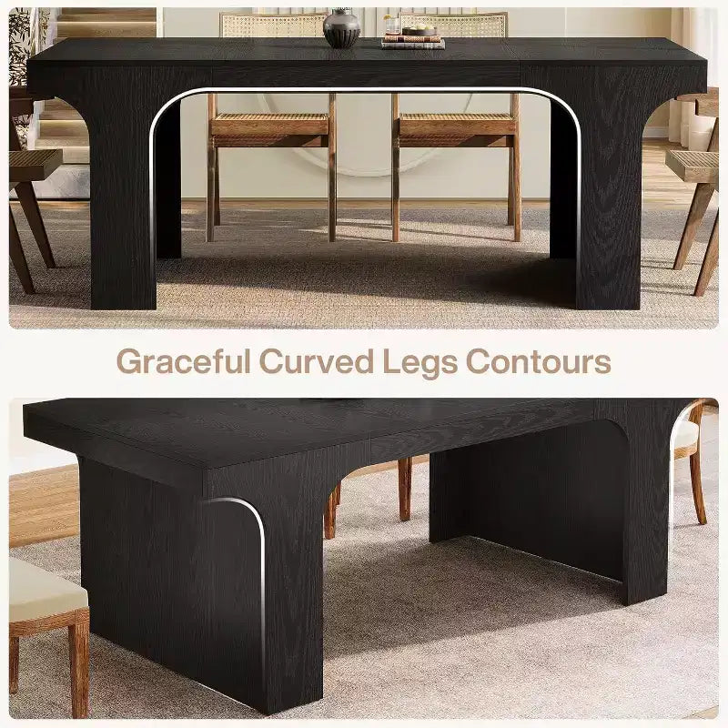 71-Inch Large Dining Table for 6-8, Farmhouse Wooden Kitchen Table with Arched Design and Double Pedestal for Dinner, Banquet