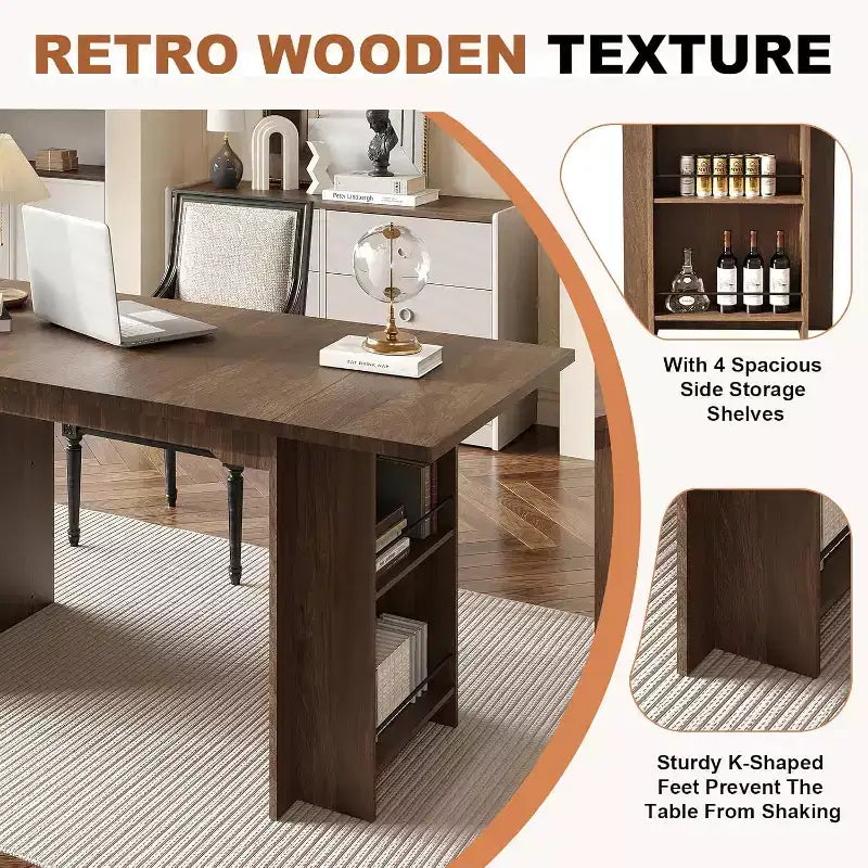 63 In Farmhouse Dining Table with 4 Storage Shelves,Rustic Wooden Rectangle Kitchen Table,Seats 2-4,Eazy Assembly for Dining Room, Living Room